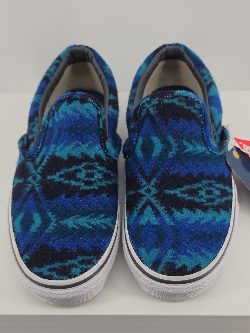 Pendleton X VANS Women's Slip-On Sneakers in Blue and Teal Aztec Pattern